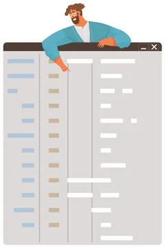 Young man programmer coding and correct errors in project. Guy sitting near web Stock Illustration