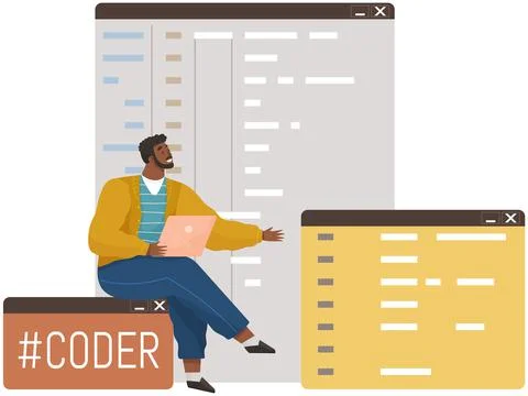 Young man programmer coding and correct errors in project. Guy sitting near web Stock Illustration