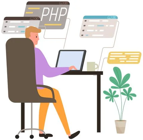 Young man programmer coding and correct errors in project, sitting near web page Stock Illustration