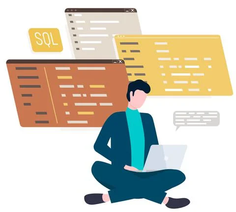 Young man programmer coding and correct errors in project, sitting near web page Stock Illustration
