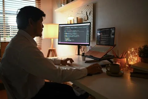 Young man programmer coding on computer in the evening at home Stock Photos