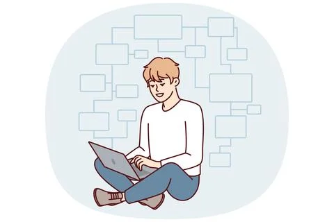 Young man programmer sits cross-legged on floor with laptop on lap and creates Stockillustratie