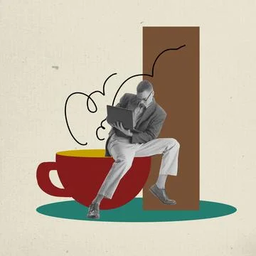 Young man, programmer sitting on giant coffee cup and working on laptop. Web Stock Photos