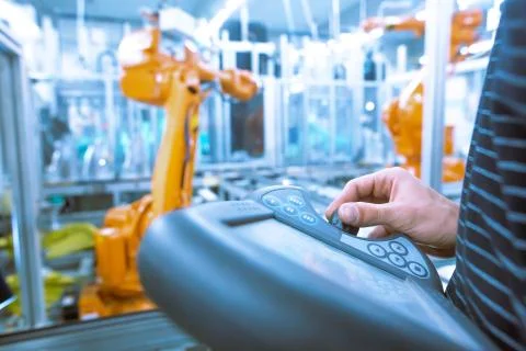 Young man programming industrial automatic robot in the automotive industry Stock Photos