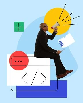 Young man, project manager shouting in megaphone, checking bugs, coding and apps Stock Photos