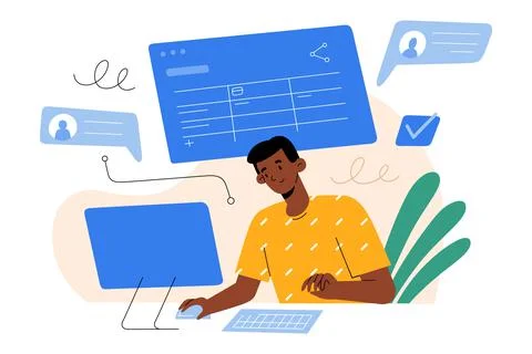 Young man, project manager, using desktop, working on project in cloud, managing Stock Illustration