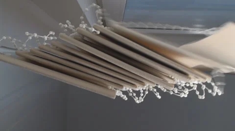 Young Man Pulling Window Curtains Below Shot Video stock 36292986