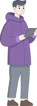 Young Man in Purple Jacket Using a Tablet for Work in a Minimalist Cartoon .. Stock Illustration