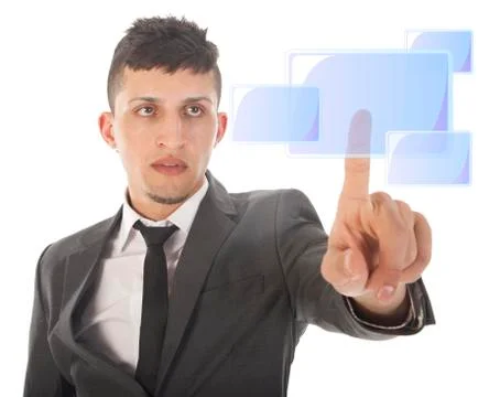 Young man pushing virtual button isolated on white background Stock Photos