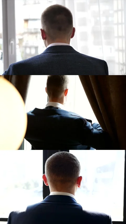 Young man put on jacket. Groom gets dressed for event or wedding. Collage Stock Footage 310813277