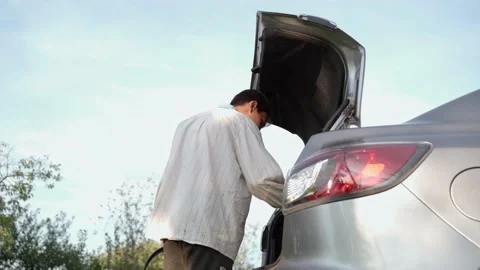 A young man puts buckets of vegetables in the trunk of a car and closes the Stock Footage 194544644