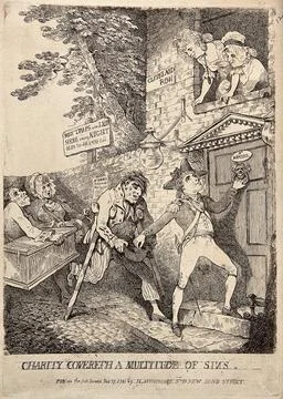 A young man puts a coin into the hat of a lame beggar as he knocks to gain .. Stock Illustration