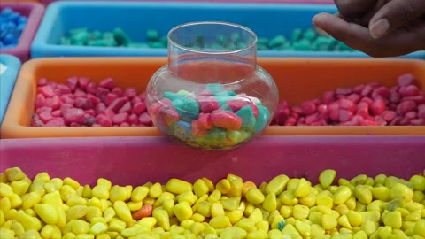 A young man putting colorful stones in a glass jar kept in a tray in a nursery Stock Footage 170681663