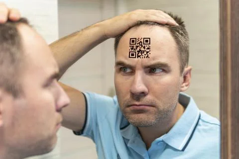 Young man with a qr code on his forehead. A man with a stupid expression look 스톡 사진