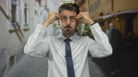 Young man raises both hands on street while looking upward in a questioning.. Stock Footage 315522180