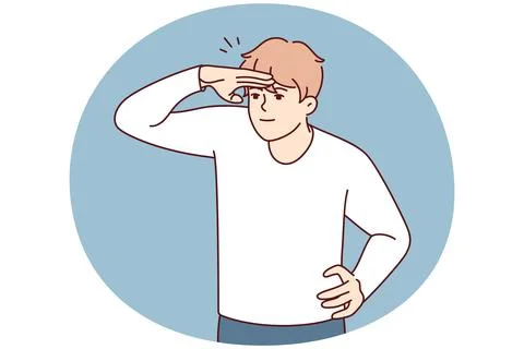 Young man raises hand to forehead to see distant object or protect eyes from sun Stock Illustration