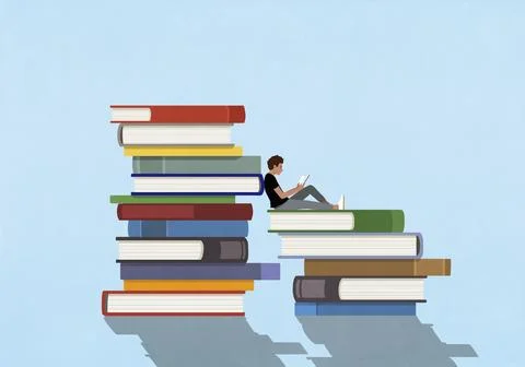 Young man reading among large stacks of books Illustrazione stock