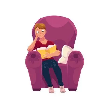 Young man reading a book in comfortable armchair Stock Illustration