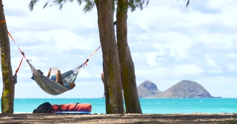 Young man reading a book on hammock exotic beach Stock Footage 66559073