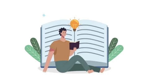 Young man reading book with lightbulb idea symbol motion animation for educ.. Video stock 339072481