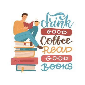 Young man reading a book sitting on stack of big books with hot coffee mug Stock Illustration