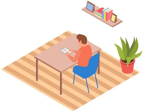 Young man reading book sitting at table. Concept living room with desk, student Stock Illustration