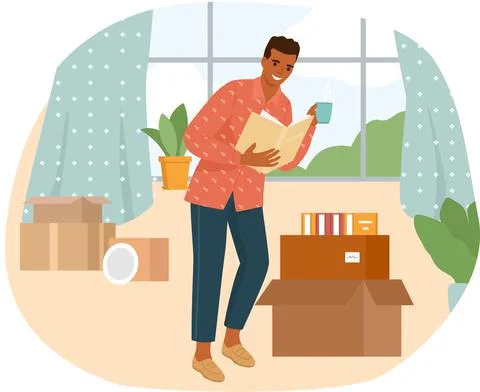 Young man reading book standing near table, studying at home Stock Illustration