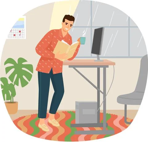 Young man reading book standing near table with computer in living room Stock Illustration