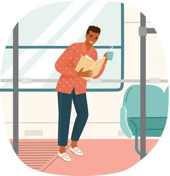 Young man reading book standing near table, studying at home Stock Illustration