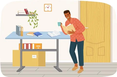 Young man reading book standing near table, studying at home Stock Illustration