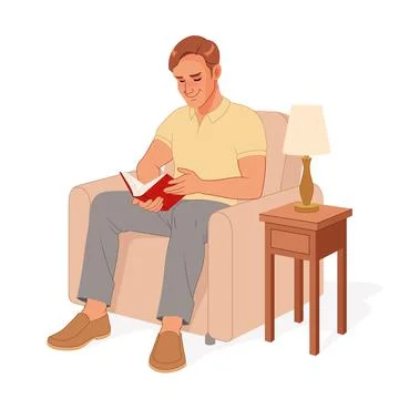 Young man reading a book while resting in the armchair. Vector illustration. Stock Illustration