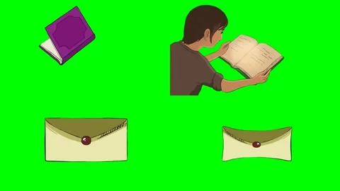 Young man reading books with floating envelopes and closed letter sheets 2d Stock Footage 334702862