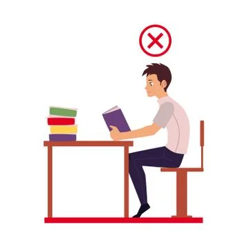 Young man reading in incorrect sitting position 스톡 일러스트