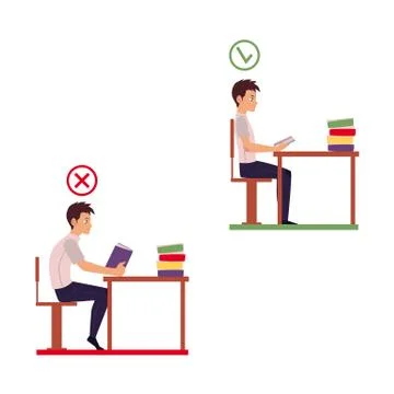 Young man reading in incorrect sitting position Stock Illustration