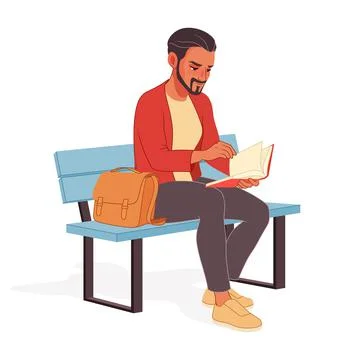 Young man reading an interesting book while sitting on the bench. Vector Stock Illustration