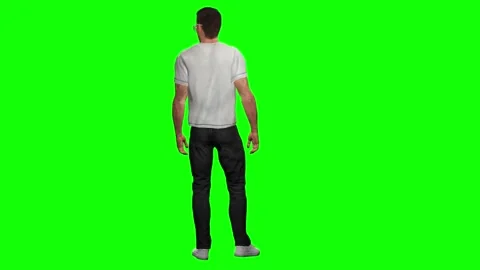 Young man rear view standing straight isolated on green screen chromakey Stock Footage 328639608