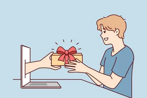 Young man receives present from hand poking out of laptop screen after online Stock Illustration