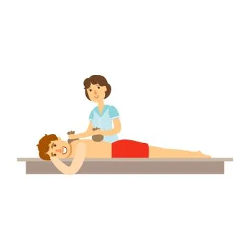 Young man receiving massage with two bags for a massage. Colorful cartoon Stock Illustration