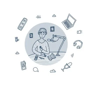 Young man recording a show in a studio. Podcaster concept in doodle style. Ve Stock Illustration