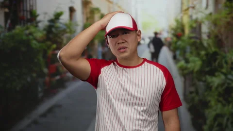 Young man in a red striped baseball uniform stands on a bustling city stree.. Stock Footage 310624941