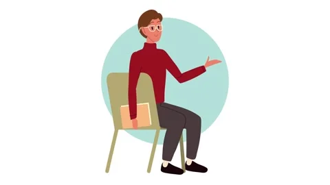 Young man in red sweater and glasses sitting on chair with book, gesturing .. Stock Footage 333426151