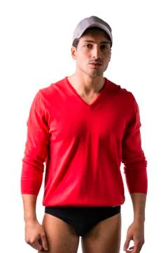 Young man with red wool sweater and hat Stock Photos