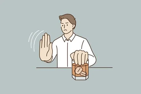Young man refuse drinking alcohol. Decisive male make hand gesture sign say stop Stock Illustration