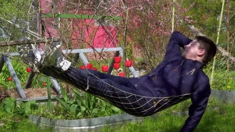 A young man relaxes in a hammock Stock Footage 75879798