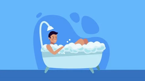 Young man relaxing in bubble bath with animated foam and bathroom backgroun.. Stock Footage 333547035