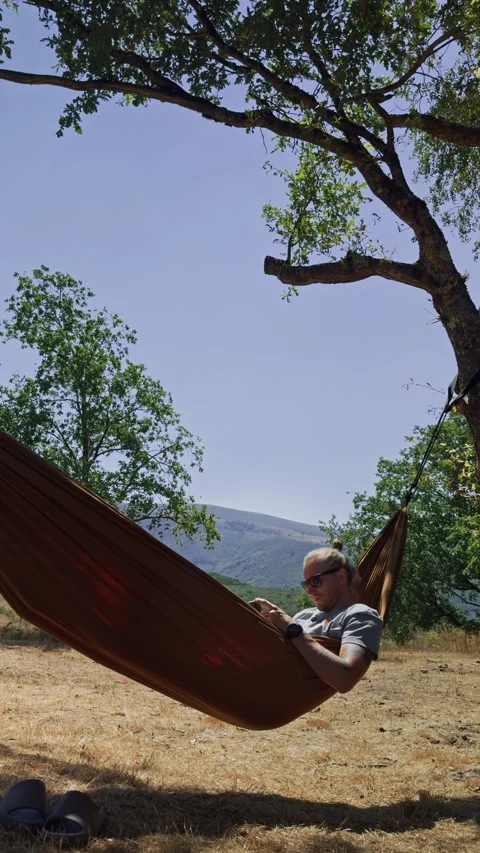Young man relaxing in a hammock while using smartphone 動画素材 343658753