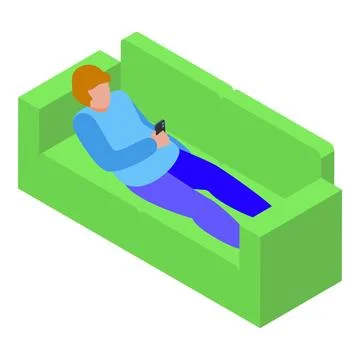 Young man relaxing on sofa using smartphone, isometric view Stock Illustration