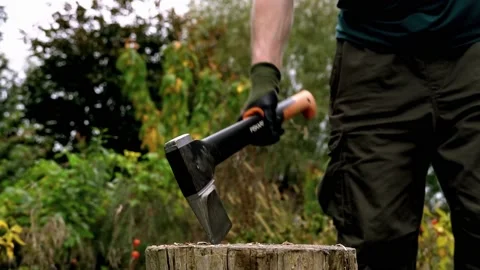 Young man removing axe from chopping block and placing wood Stock Footage 220084789