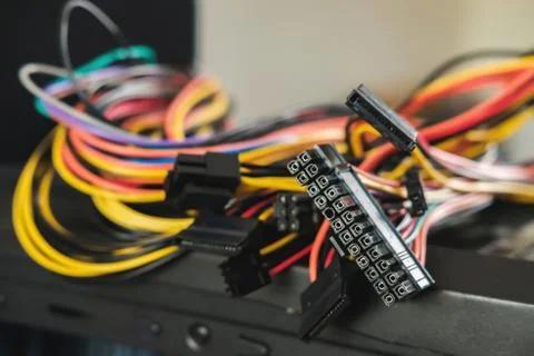 Young man repairs a computer system unit, changes parts, video card and hard Stock Photos