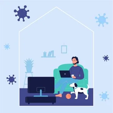 Young man resting on sofa and working online with laptop computer at home with Stock Illustration